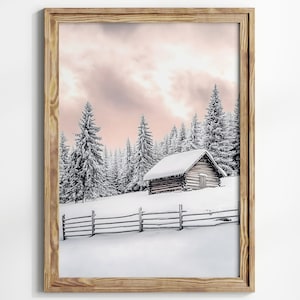 Winter Cabin, Snowy Mountain Cabin, Winter Scene, Christmas Wall Art, Cozy Log Cabin Printable Wall Art, Digital Download, Xmas Print