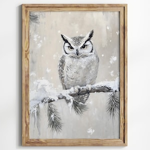 Owl Artwork, Great Horned Owl, Printable Wall Art, Christmas Wall Art, Muted Colors, Farmhouse Rustic Decor, Xmas Art, Digital Download,