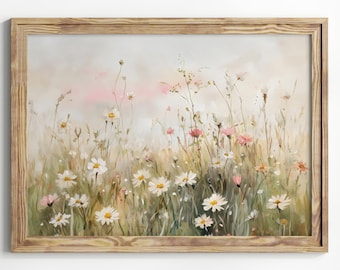 Pink Wildflower Landscape Print, Pastel Spring Flower Printable Wall Art, Countryside Print, Floral Cottagecore Wall Decor, Digital Download