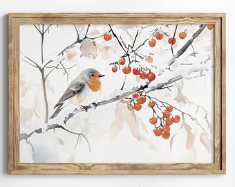Watercolor Robin, Bird Watercolor Artwork, Printable Wall Art, For Living Room, Farmhouse Wall Decor, Red Robin, Digital Download