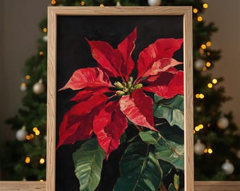 Christmas Poinsettia Floral Wall Art, Dark Academia Cottagecore, Printable Wall Art, Winter Christmas Festive, Moody Decor, Digital Download