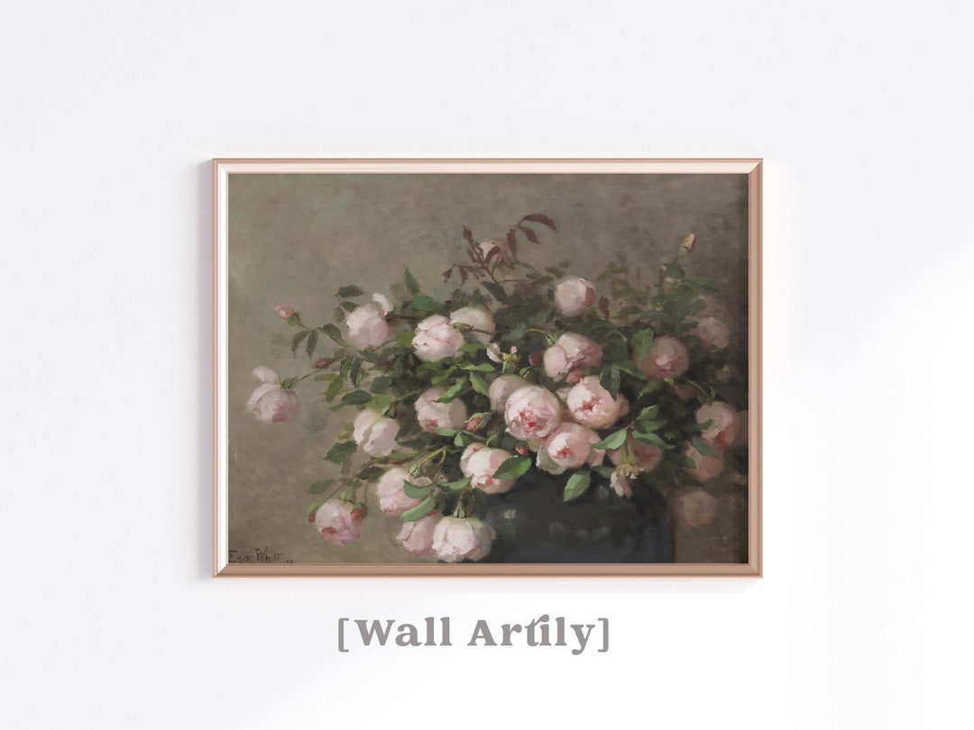 Moody Pink Roses Painting, Vintage Floral Printable Wall Art, Antique ...