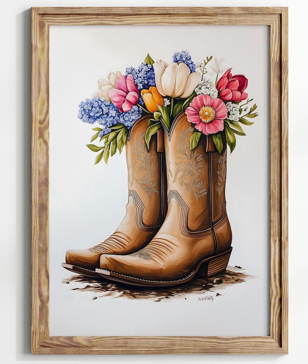 Spring Cowboy Boots Printable Wall Art, Spring Flowers Print Drawing ...