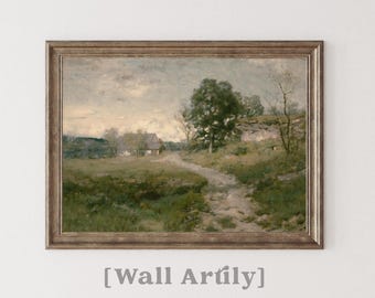 Moody Landscape Art Print, Vintage Countryside Oil Painting, Antique Rustic PRINTABLE Wall Art, Cottagecore Farmhouse Decor Digital Download
