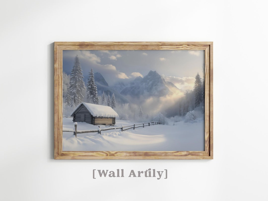 Cozy Winter Cabin Printable Wall Art, Snowy Trees Mountains, Winter ...