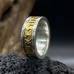 Anillo de runas vikingas de plata de ley 925, anillo con letras doradas, cobre soldado en plata, joyería de moda para fiestas de motocicletas para hombres