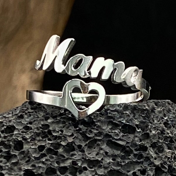 Letter Mama Ring Hollow Heart Ring Mother's Day Gift Women's Minimalist Silver Open Jewelry