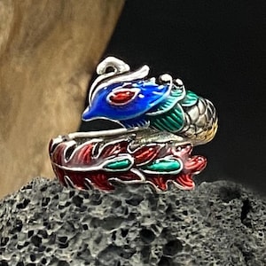 Enamel Phoenix Silver Ring: Adjustable Bird Band, Art Deco Jewelry