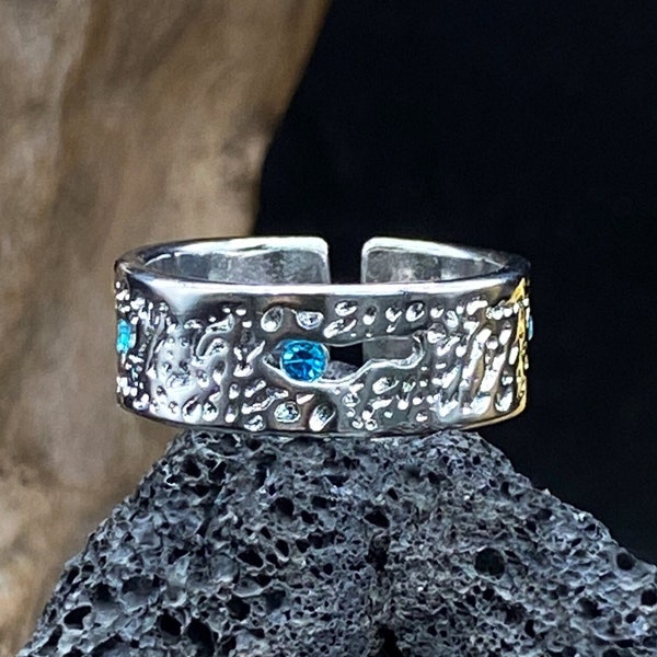 Couple Wide Ring Blue Zircon Irregular Texture Index Finger Ring Valentine's Day Gift Unisex Fashion Open Jewelry