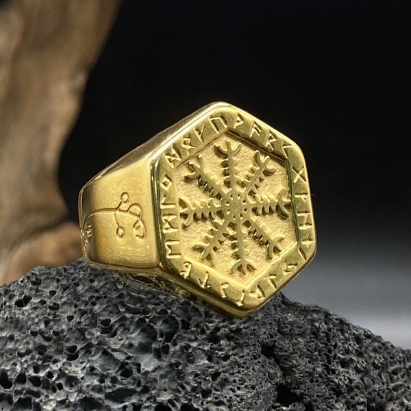 Nordic Viking Compass Ring Gothic Mythical Rune Gold Ring Fashion Men's Motorcycle Jewelry(Size:US 8)