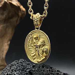 Antique Gold St Christopher Pendant: Stainless Steel Religious Necklace