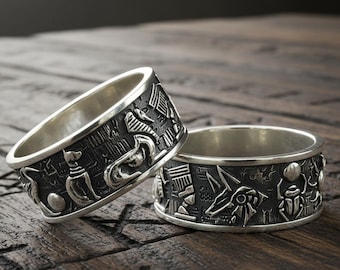 925 Silver Egyptian Gods Ring: Horus Anubis Embossed Band