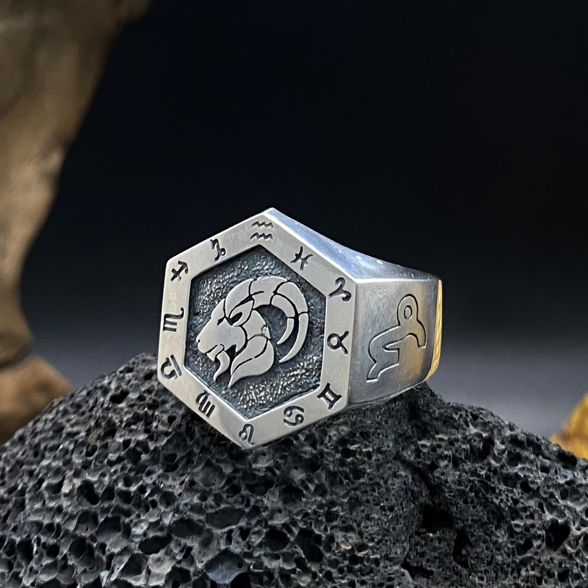 Polished Sterling Silver Capricorn Zodiac Ring - .925 Silver Band, Sizes 4-10