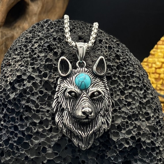 Viking Turquoise Eye Wolf Head Pendant Viking Totem Stainless Steel Necklace Trendy Men s Motorcycle Band Jewelry Etsy