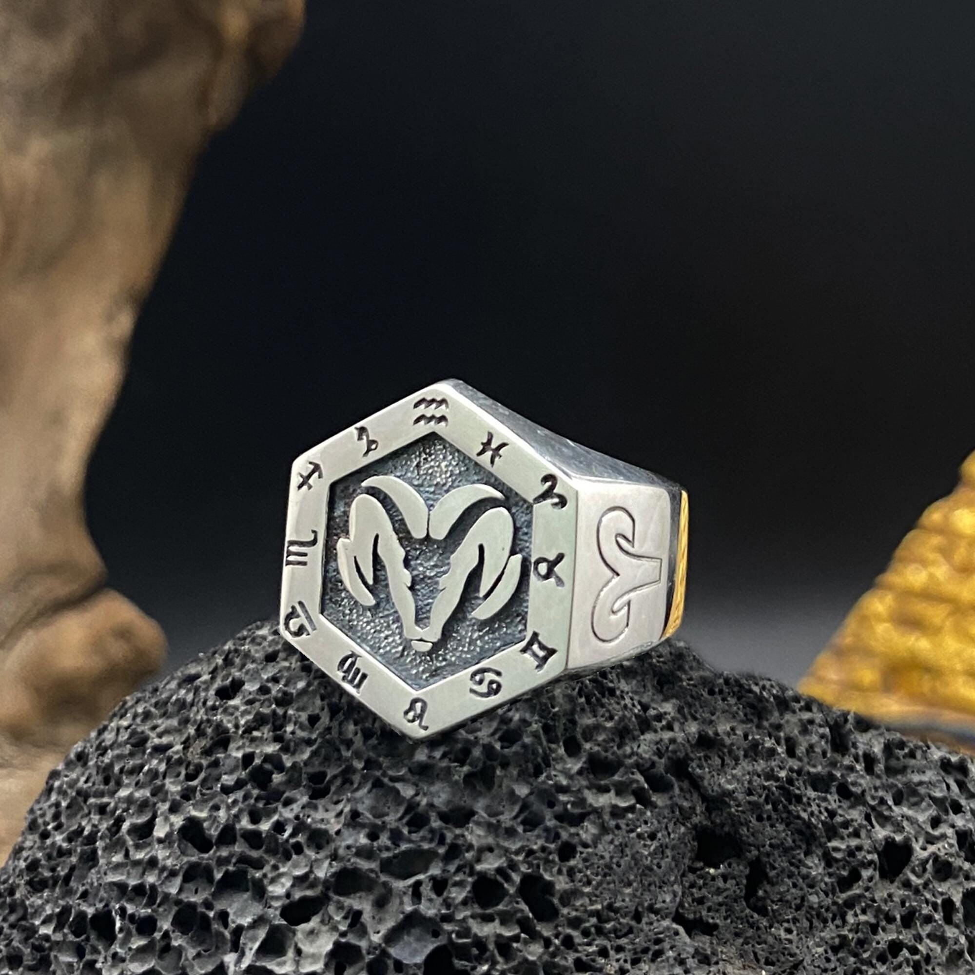 Men's Polished 925 Sterling Silver Aries Ram Head Zodiac Sign Ring - Handmade Band For March 21 - April 19 - View #6