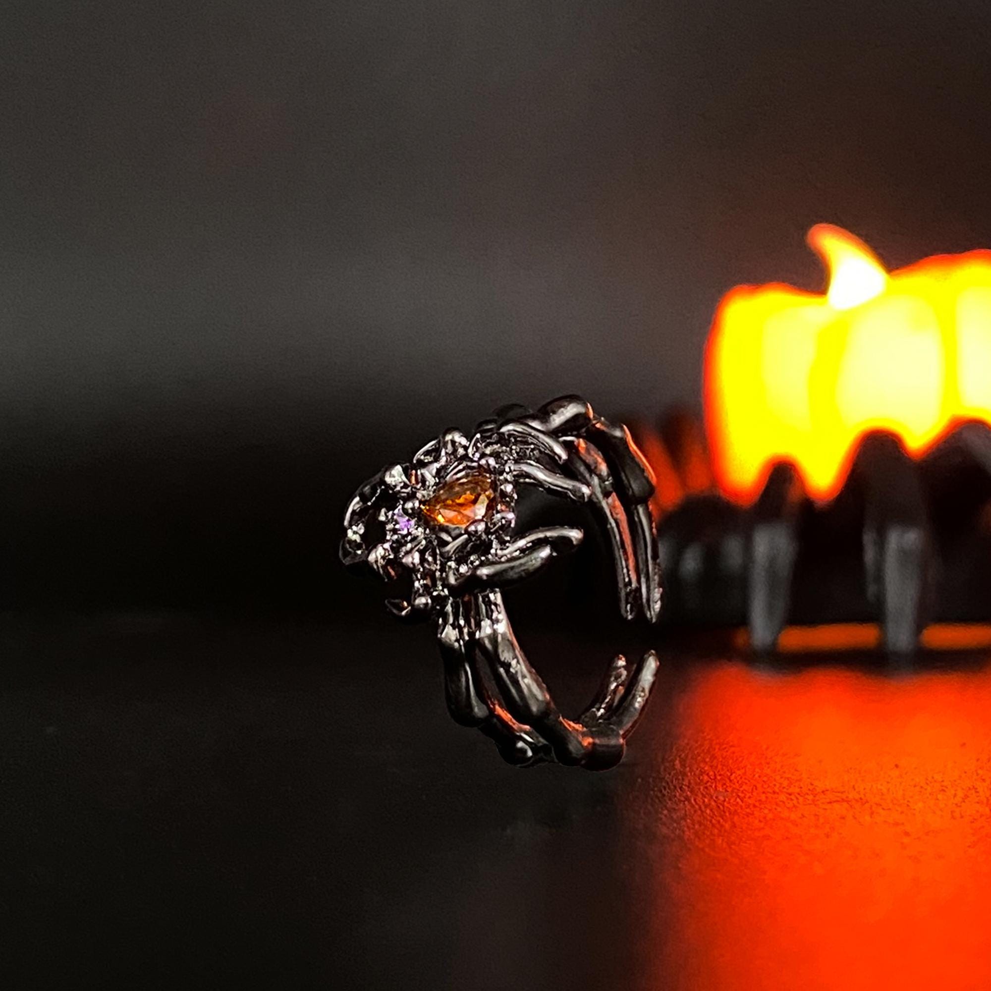 ハロウィンスパイダーリング：レッドジルコンゴシックシルバーバンド