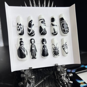 CUSTOM PRESS ON nails BeetleJuice set halloween or cosplay nail set medium coffin style 10 pcs