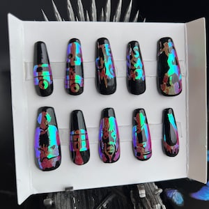 CUSTOM PRESS ONS Texas Chainsaw Massacre theme press on halloween or cosplay nail set in medium coffin style 10 pcs
