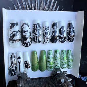 BeetleJuice movie themed halloween or cosplay press on nail set in medium coffin style 18 pcs