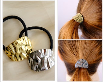 2pcs Metal Hair Tie, Metallic Hair Cuff, Gold Ponytail Cuff, Silver Elastic Hair tie, Minimalist Ponytail holder, Hair Accessory for women
