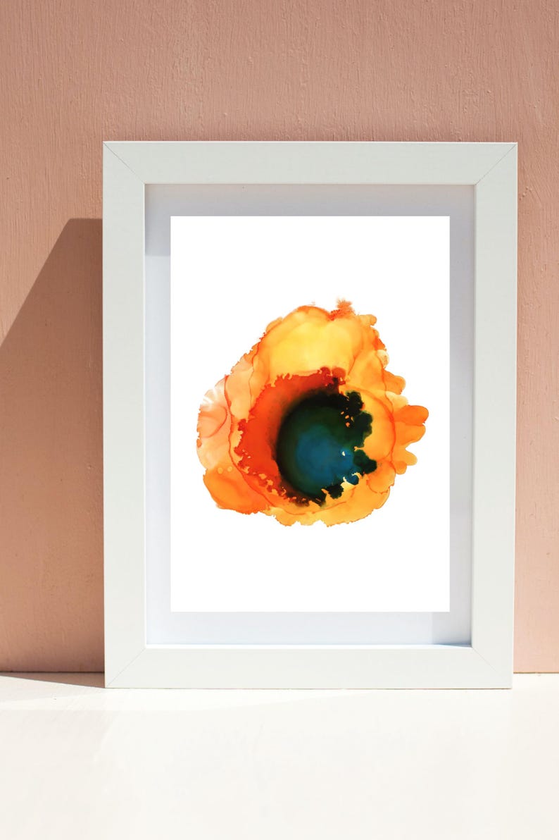 Orange Watercolor Abstract Art Poster, Orange Teal Circle Wall Art