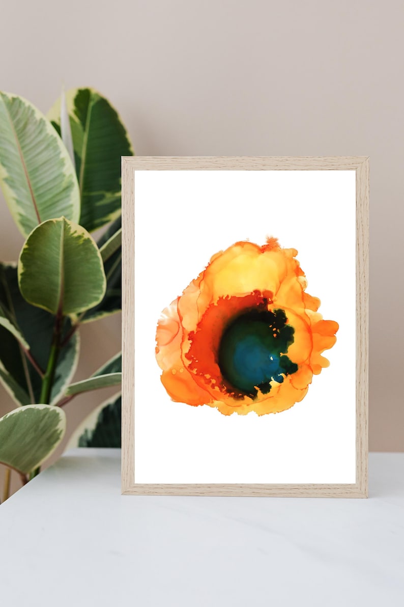 Orange Watercolor Abstract Art Poster, Orange Teal Circle Wall Art