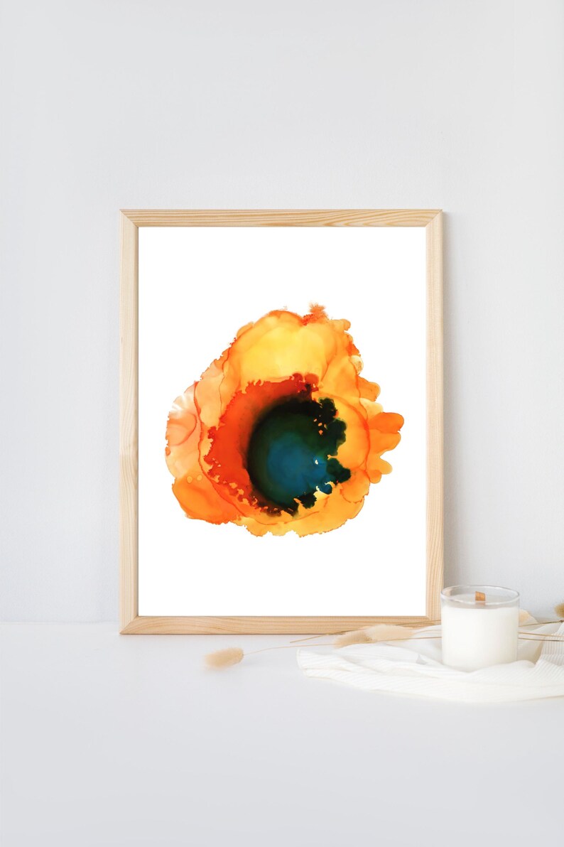 Orange Watercolor Abstract Art Poster, Orange Teal Circle Wall Art