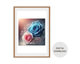 Elegante rosa und blaue Rosen - Elegante florale Wandkunst zum sofortigen Download
