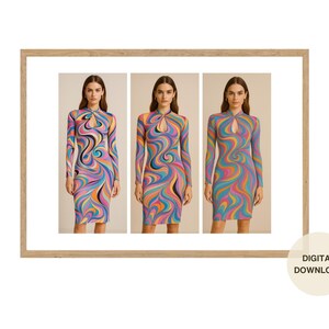 May include: Three digital illustrations of women wearing long-sleeved dresses with a colourful abstract swirl pattern. The dresses are all the same style, but the colours are slightly different in each illustration.