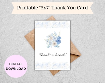 Thank You Printable Greeting Card with Blue Painted Peonies and Other Blue Flowers