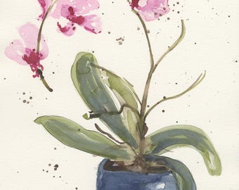 Orchidea w niedzielnym stroju | Różowy storczyk, akwarela | Kolorowa sztuka kwiatowa