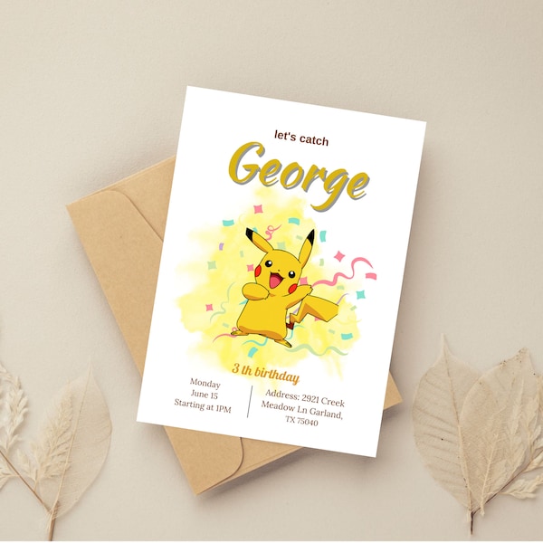 Pikachu Invite, Pokemon Invitation, Editable in Canva, Instant Download 5x7, Pikachu Invitation Template, Birthday Invitation for Boys