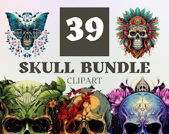 Puede incluir: Una colección gráfica digital titulada 39 SKULL BUNDLE CLIPART que presenta cinco ilustraciones de cráneos distintas. Los diseños incluyen un cráneo de mariposa azul, un cráneo colorido con plumas, un cráneo verde cubierto de hojas, un cráneo agrietado y un cráneo floral morado.