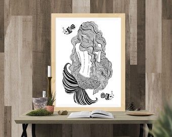 May include: Black and white line art print of a mermaid with long flowing hair and a fish tail. The mermaid is sitting with her back to the viewer. There are two small fish swimming around her.
