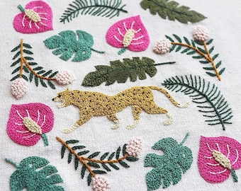 Kit de bordado para jardín: Leopardo y hojas tropicales, para principiantes.