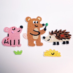 Embroidered Animal Iron-On Patches: Bear, Mouse, Hedgehog, Grass Appliques