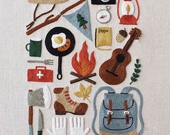 Camping Embroidery Kit, needlecraft kit, embroidery pattern, beginners embroidery kit, modern embroidery kit, wall art, embroidery