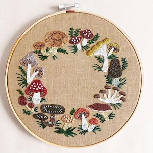 Mushroom Embroidery Kit for Beginners, DIY Hand Embroidery Pattern, With or Without Frame, Cottagecore Decor