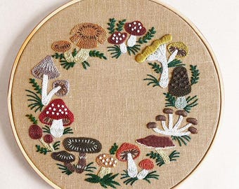 Mushroom Embroidery Kit for Beginners, DIY Hand Embroidery Pattern, With or Without Frame, Cottagecore Decor