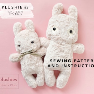 May include: Sewing pattern and instructions for making two plush bunny toys. The larger bunny is 17 inches tall and the smaller bunny is 13 inches tall.  The pattern is called "10 plushies" by Victoria Zhuk.