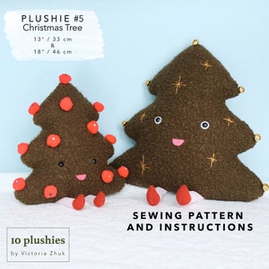 May include: Sewing pattern and instructions for making a plush Christmas tree toy. The pattern includes two sizes: 13 inches (33 cm) and 18 inches (46 cm). The plush tree is brown with a smiling face and red ornaments.