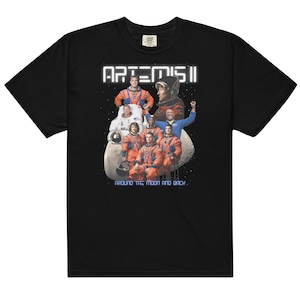 May include: Black t-shirt with a graphic of astronauts in orange space suits standing in front of a moon-shaped object. The text "ARTEMIS II" is above the astronauts and "AROUND THE MOON AND BACK" is below them.