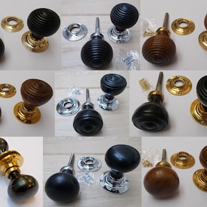 May include: Assortment of door knobs in black, brown, and natural wood finishes. The knobs have a round shape with a grooved design. The knobs are shown with brass backplates and screws.