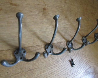 FLAT TRIPLE Cast iron Rustic Robe hat and coat hooks vintage old English Victorian retro pegs