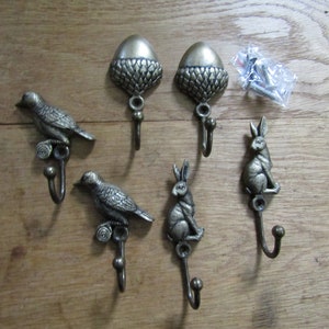 Pair Of Curtain Valance Drape Tie Back Hooks Hold Backs Metal Tassel Hook Finish Antique brass HARE/BIRDS/ACORN woodland hooks