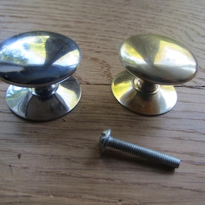 Könnte beinhalten: Zwei Schrankknöpfe, einer silberfarben und einer messingfarben, mit einer silbernen Schraube.