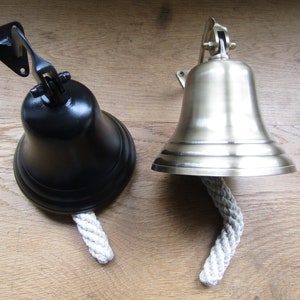 SHIP Bell wall mounted solid brass Antique vintage victorian retro style School dinner pub last orders door bell 5&quot; Antique brass/Black