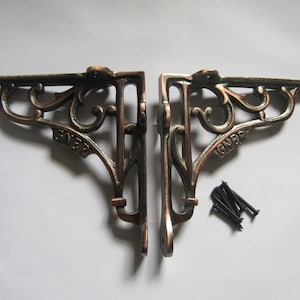 PAIR of ANTIQUE COPPER Cast Iron rustic vintage Victorian fancy scaffold Shelf Brackets decorative ornate  5&quot;shelving brackets