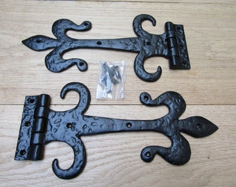 Rustic iron tee/t hinges vintage old country cottage FLEUR DE LYS Spear arrow head old English strap t hinges black antique finish 15"