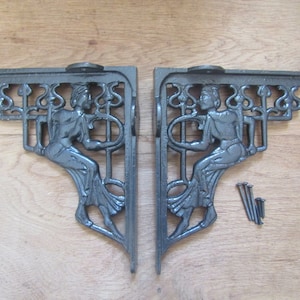 Pair of ART NOUVEAU LADY cast iron rustic old decorative ornate vintage scaffold Shelf Brackets shelving Bracket Antique iron